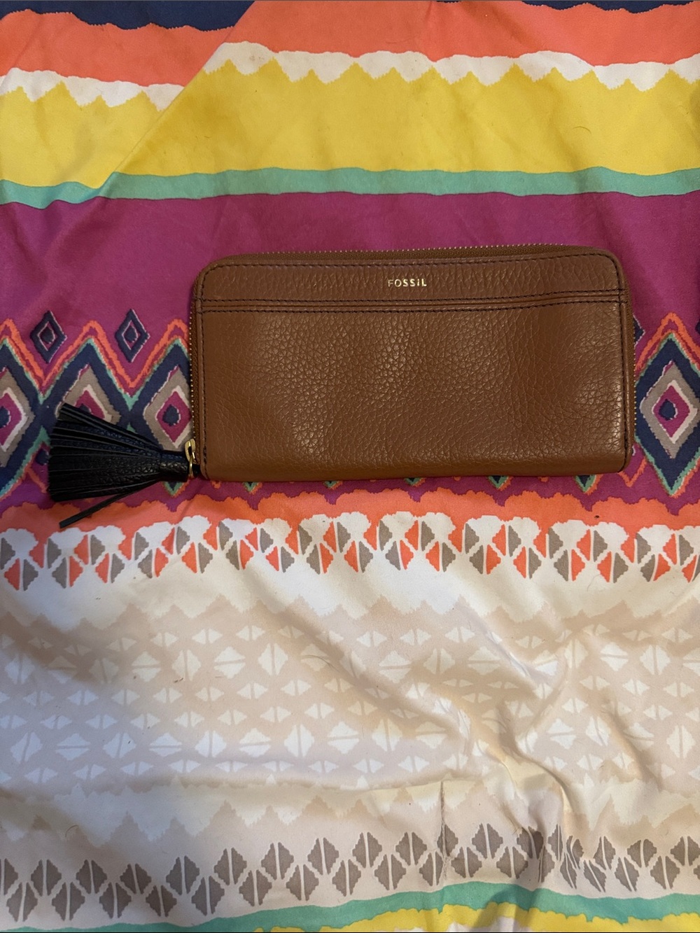 Fossil Brown Pebbled Real Leather Zip Wallet with Black Tassel